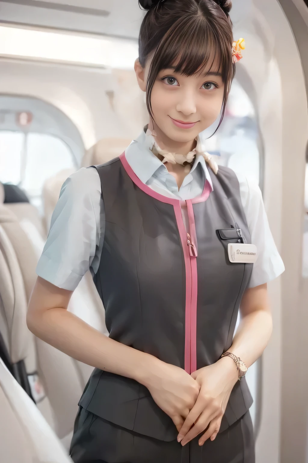 (masterpiece:1.2,  best quality:1.2), 32kHDR,  high definition , (Alone、 1 girl)、（Ride the bullet train 、 professional lighting）、Car interior background、（Realistic style of JR Gran Class crew wearing uniform）、Short sleeve blouse、Scarf around the neck、（ JR Gran Class crew uniform with pink parts on the sleeve of the skirt ）、（ JR Gran Class crew uniform with pink lines on the front zipper of the vest）、 Lots of dark brown hair、（Hair tied up、 bun hair、bread）、 Lots of dark brown hair、Long Hit、Big Breasts、（（：2.0）），（（ Harmonious Body Proportions ：1.5）），（（Normal limbs：2.0）），（（Usually refers to：2.0）），（（ delicate eyes ：2.0）），（（Normal eyes：2.0））)、 a luxurious necklace 、smile、Beautiful position,Place your hands around your stomach
