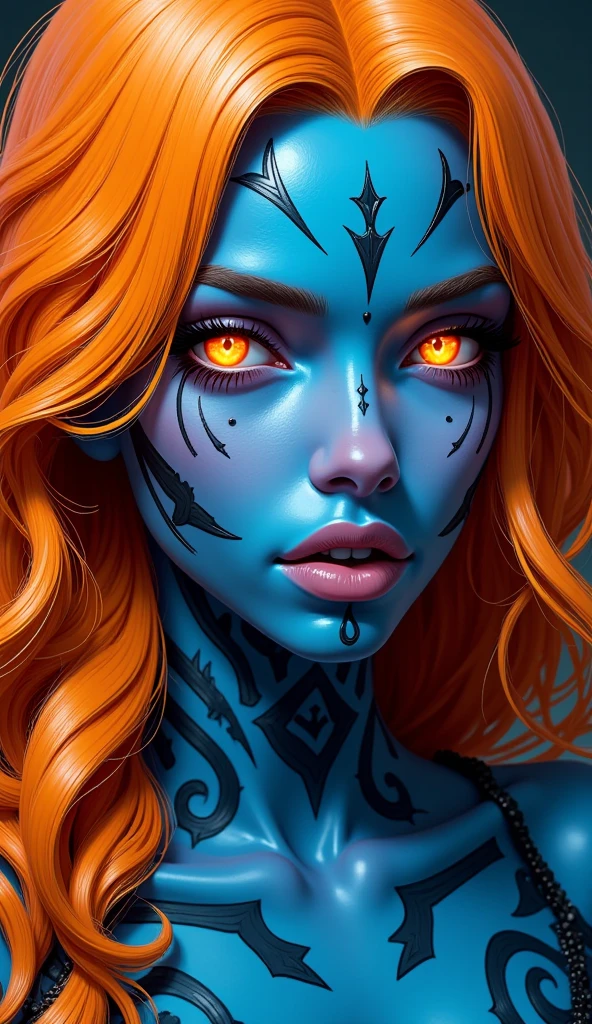 (((masterpiece))), (((Best quality: 1.4))), ((super detail: 1.4)) , hyper detailed gouache painting of a female tiefling, Gorgeous exotic features, Amber neon eyes:1.5, orange hair, Hyper-detailed facial features, Expressive Face, detailed textures, blue skin tone, tattoos, natural leather shader, volume, warm tones under her skin, ultra high resolution