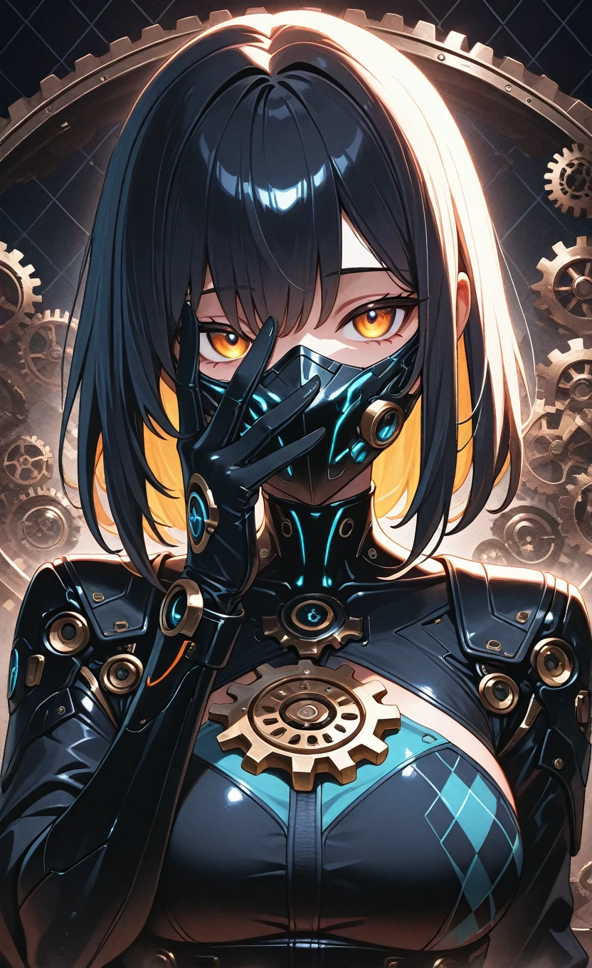 1girl,solo, upper body, mechanical gears, Full face mask,mask cover, Academic, Shallow shaded, film grain, dutch angle,hand covering face,incubators,argyle_background,Argyle print,masterpiece,best quality,amazing quality,very aesthetic,absurdres,newest,