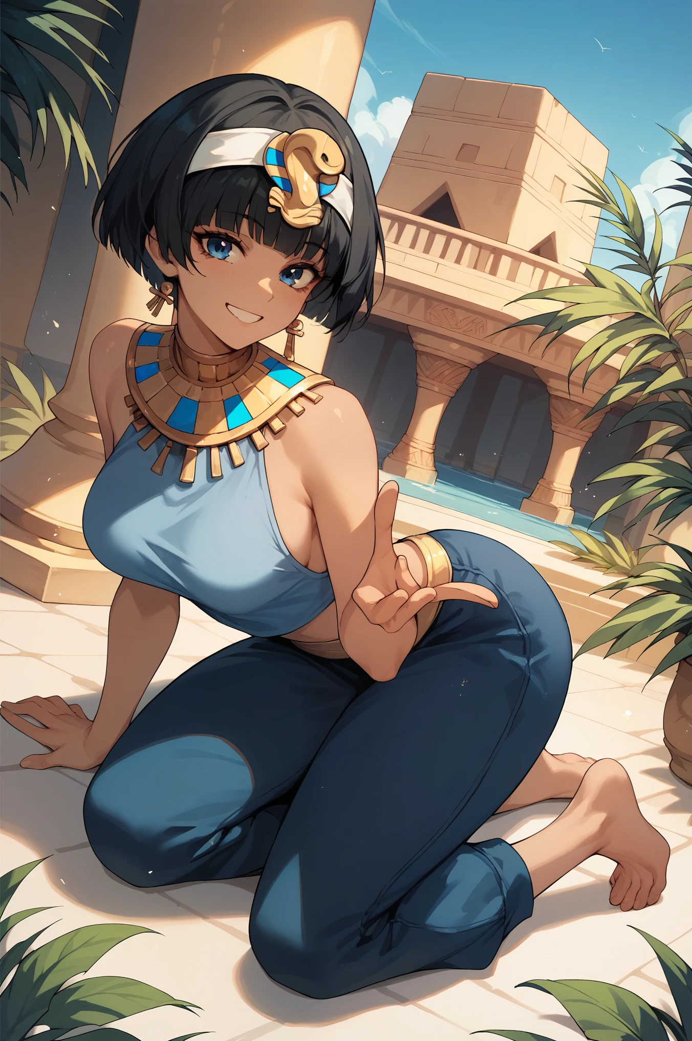 1woman, blue eyes, short black pixie style hair,pixie hair white headband,Black hair,Anime style,blue big pants,Smiling,blue top happy, sexy ,Curvy body,Egyptian style, golden details, barefoot,Egyptian style, in an oasis