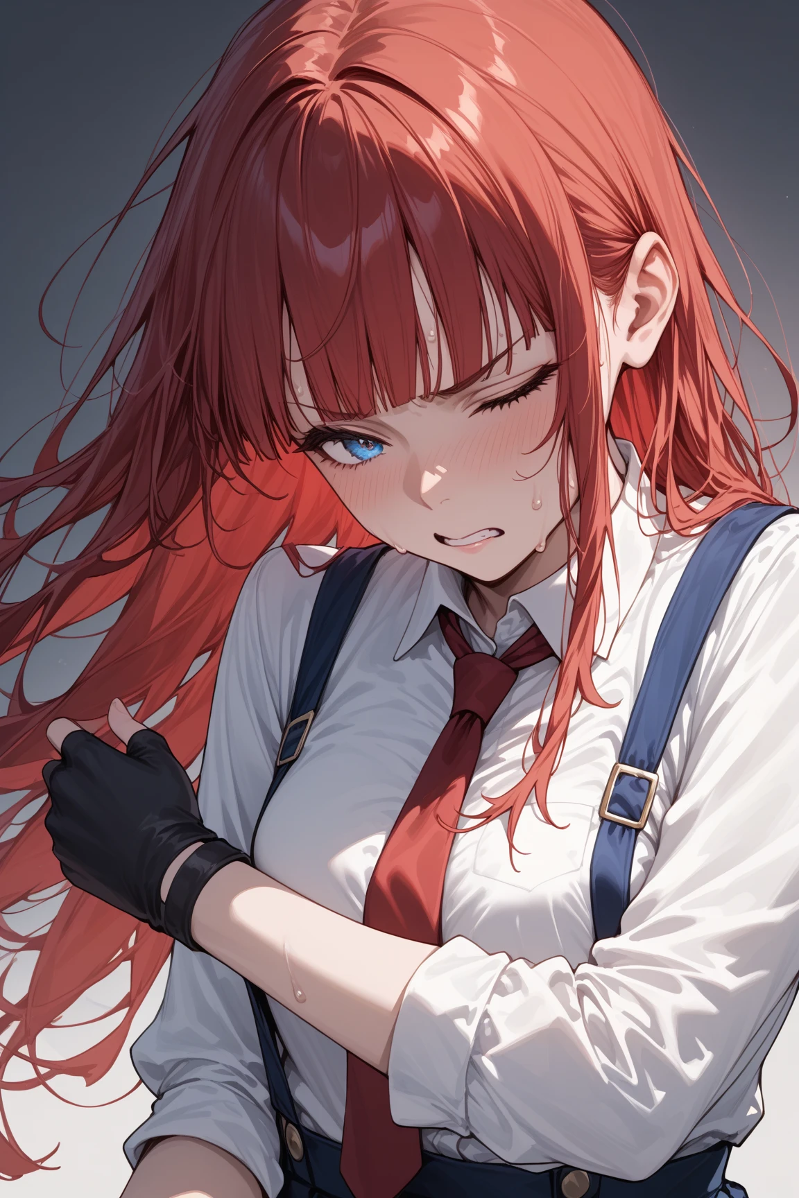 grimace in pain,grabbing own arm,wince,{{masterpiece}}, {{{Highest quality}}},{{Very detailed}},blue suspenders, blue Pleated Miniskirt,white Long sleeve white blouse,black fingerless gloves,Red tie,White socks,Straight hair,Long hair ,Red Hair, blunt bangs,hand, sweat,