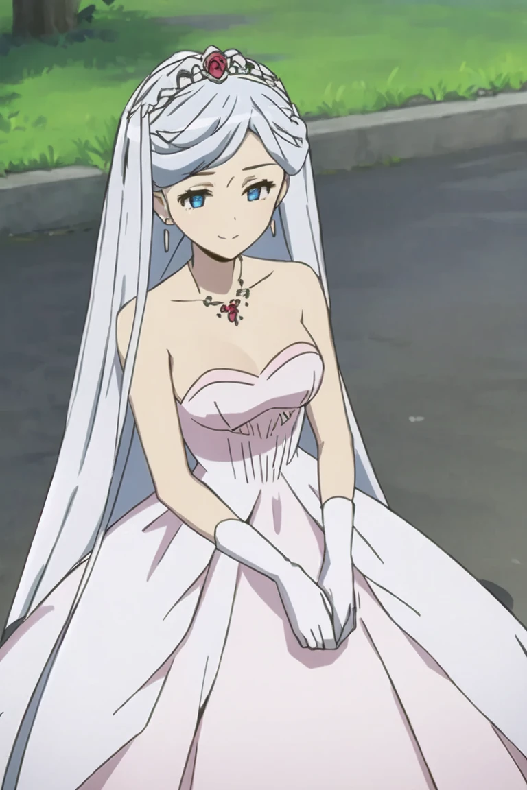 mio, bangs, cat ears, hair between eyes, ahoge, white hair, star \(symbol\), hair ornament, dress, cleavage, bare shoulders, collarbone, long white elbow gloves, white gloves, white dress, white choker, strapless, tiara, veil, strapless dress, wedding dress, bridal veil, beautiful woman, perfect body, perfect breasts, wearing a wedding dress, ball gown, in the park trees, wedding decorations, a warm smile,