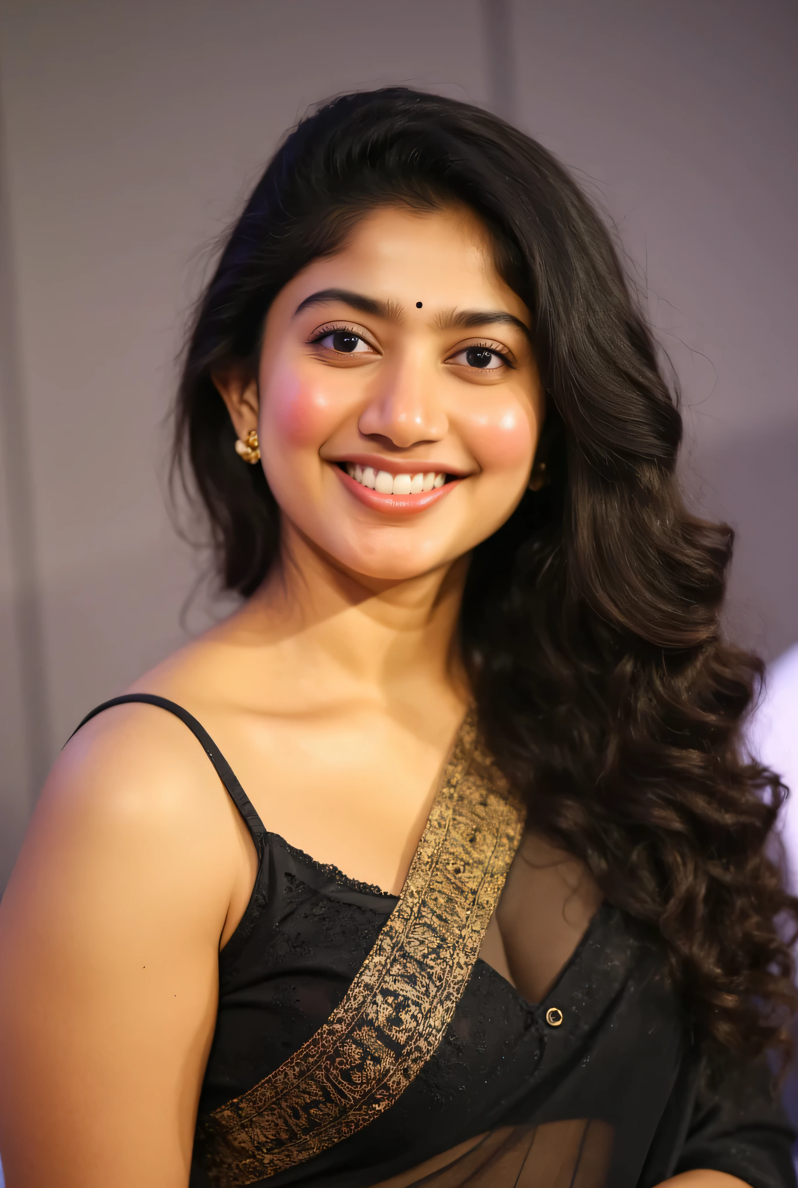 "Full-body portrait of a young woman with a lively and bubbly demeanor, wearing a transparent saree with black low neck blouse, showing navel. Her pose is playful yet elegant, highlighting her curves and confident personality. She has a radiant smile, a small traditional bindi on her forehead, and her hair styled in soft waves. The image emphasizes glowing skin, a vibrant aura, and intricate textures, captured in warm, inviting lighting. The background is a neutral gray with soft focus, enhancing her cheerful and dynamic presence. Ultra-detailed 8K resolution for sharp, vivid details."