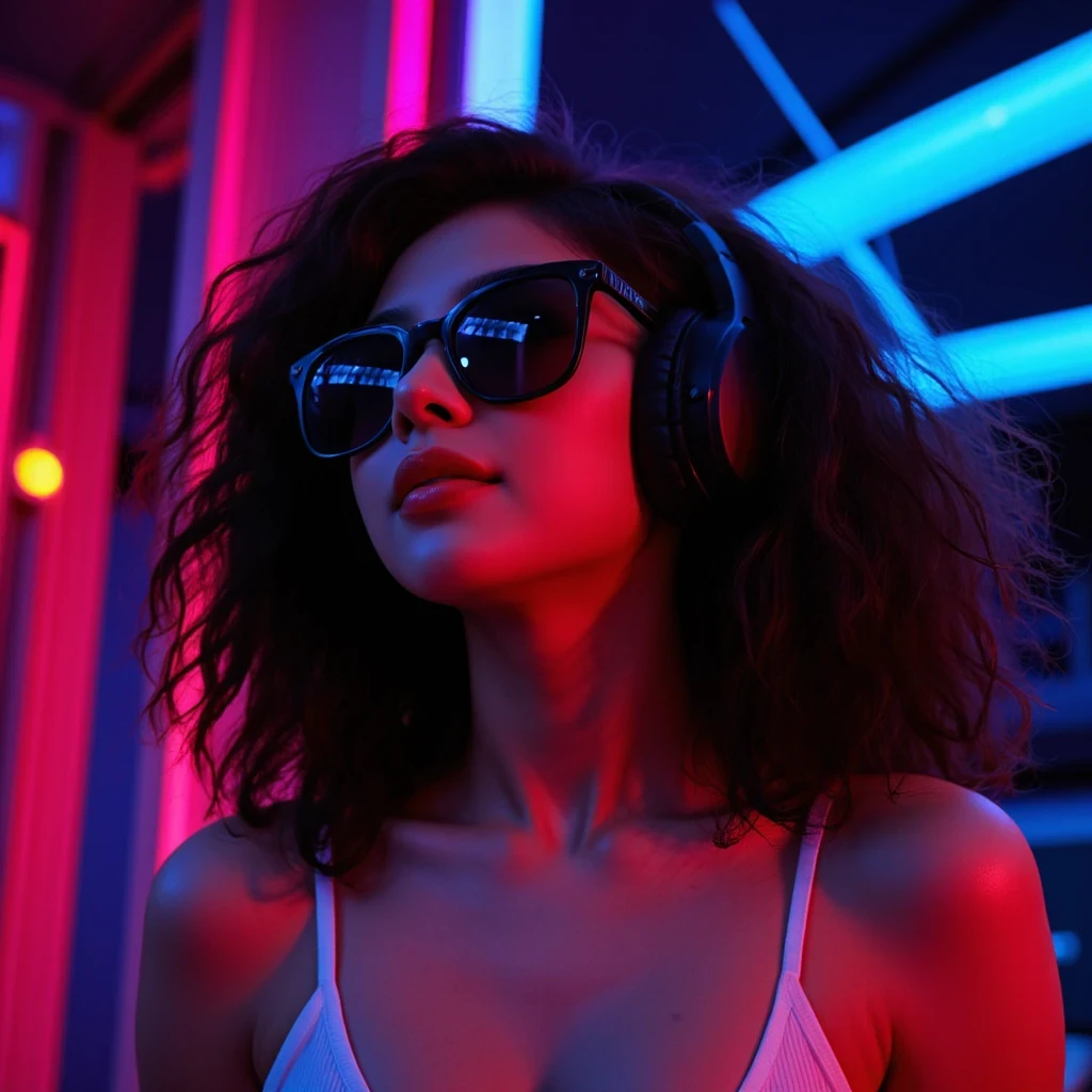 Brown hair . beautiful woman with curly hair and sunglasses wearing full size headphones - ear piece or surround dark room neon cyberpunk at night coordinator neon glow