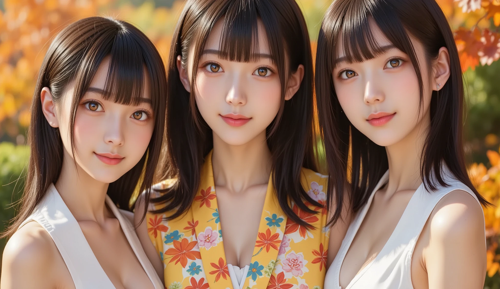 Three asian women in a yellow dress posing for a picture - SeaArt AI