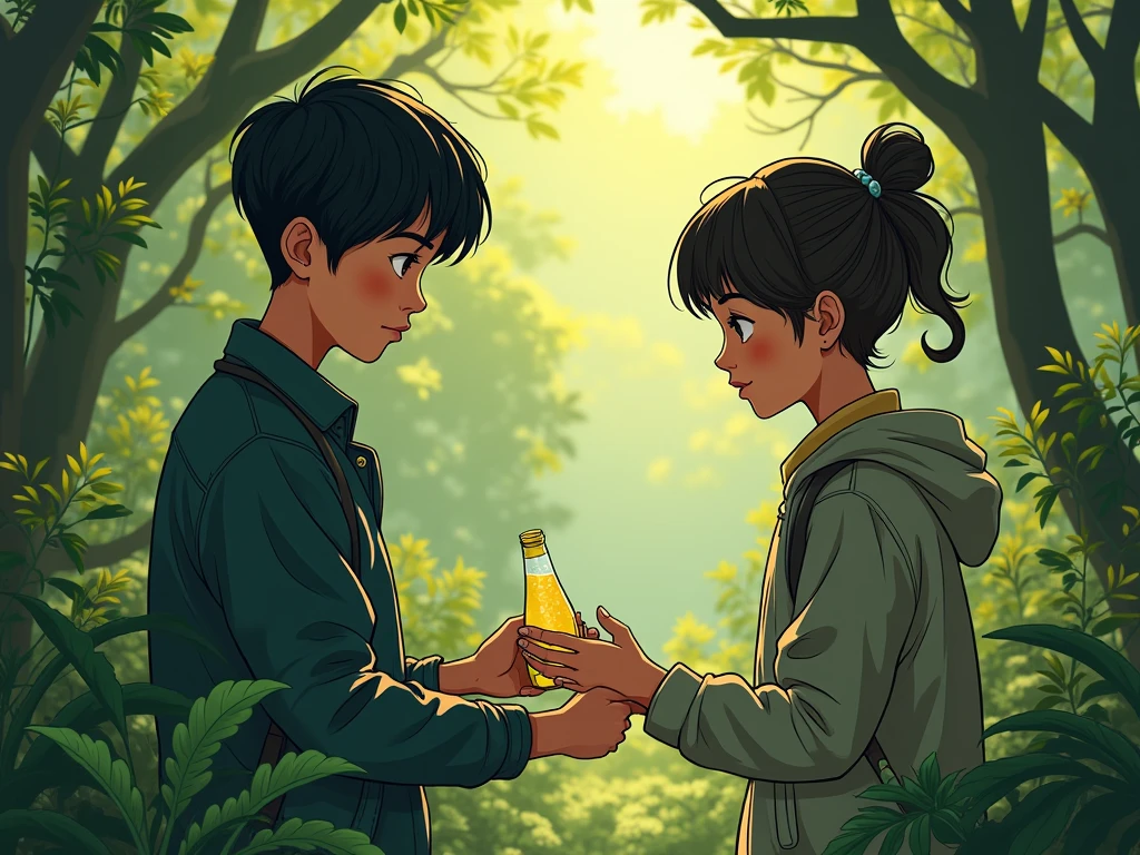 In the heart of the forest, pblv encounters a cursed artifact, its deep forest green hue shimmering with an unsettling Frost & Glow™ Highlight, beckoning them closer.