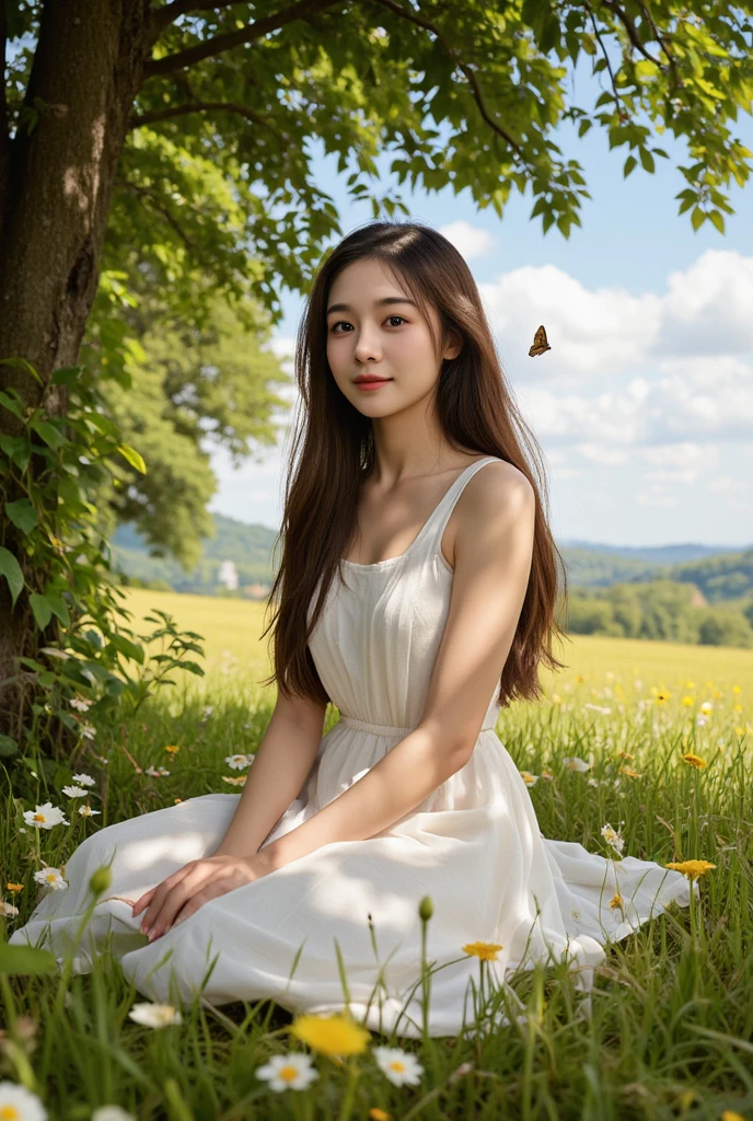 A peaceful countryside scene, a girl sitting under a tree, detailed face and eyes, long flowing hair, sunlit meadow, lush greenery, wildflowers, butterfly, serene atmosphere, oil painting, highly detailed, photorealistic, 8k, vibrant colors, natural lighting, dramatic shadows, romantic, idyllic