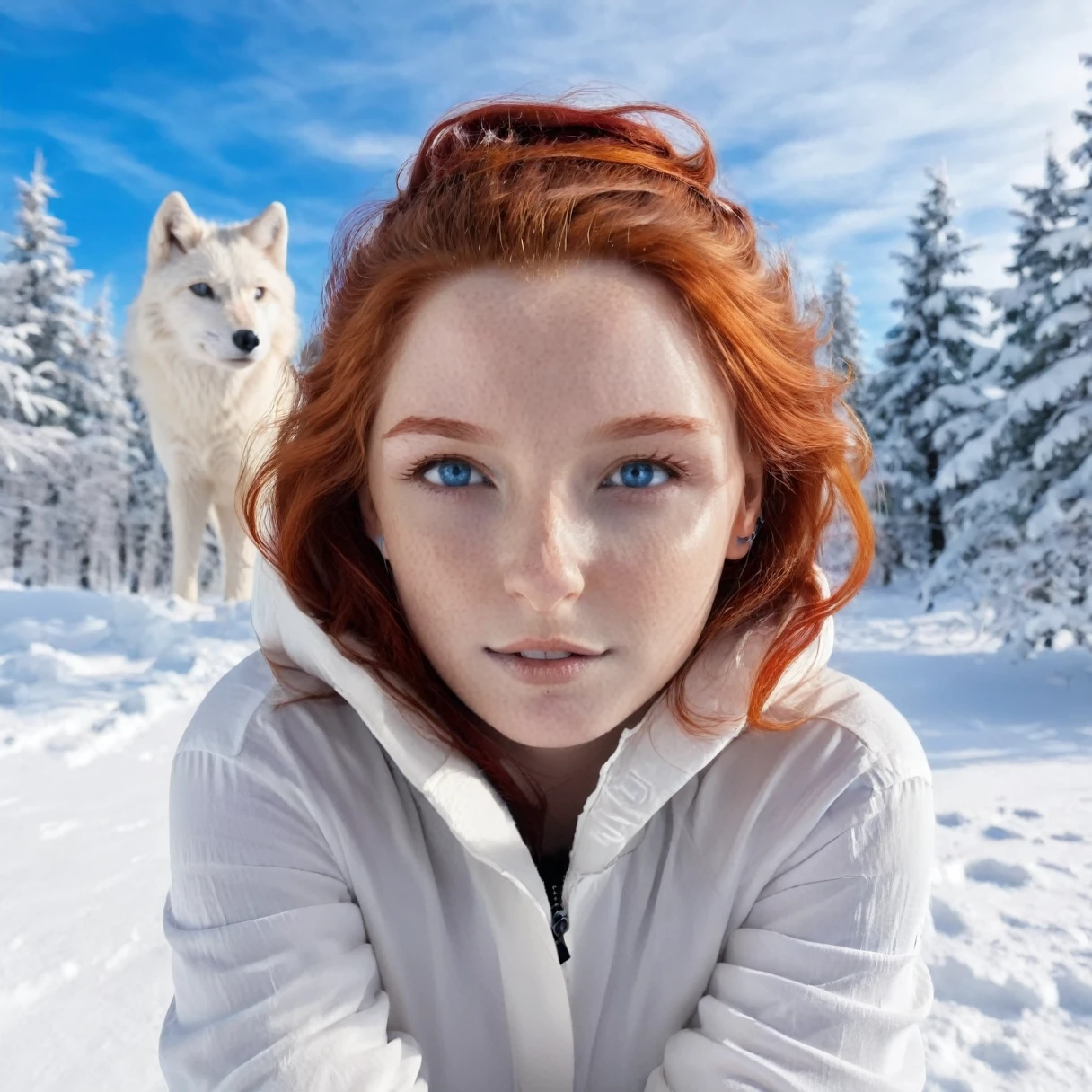 beautiful redhead with red hair and bright blue eyes looking at the viewer, (white wolf:1.2) with bright blue eyes , snowy landscape, close up, 8k, Ultra HD, masterpiece, 