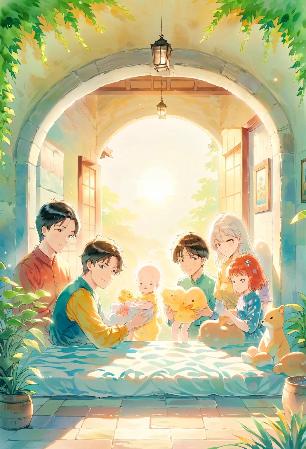 (masterpiece、 High Quality 、High image quality、４k、8k、 Details）、 Family Photos（ centered around a young couple holding a baby、 young grandparents behind） 、 soft sunshine 、 warm home atmosphere (simple behind wall paper )、Everyone's smiles 、 seems happy。watercolor style