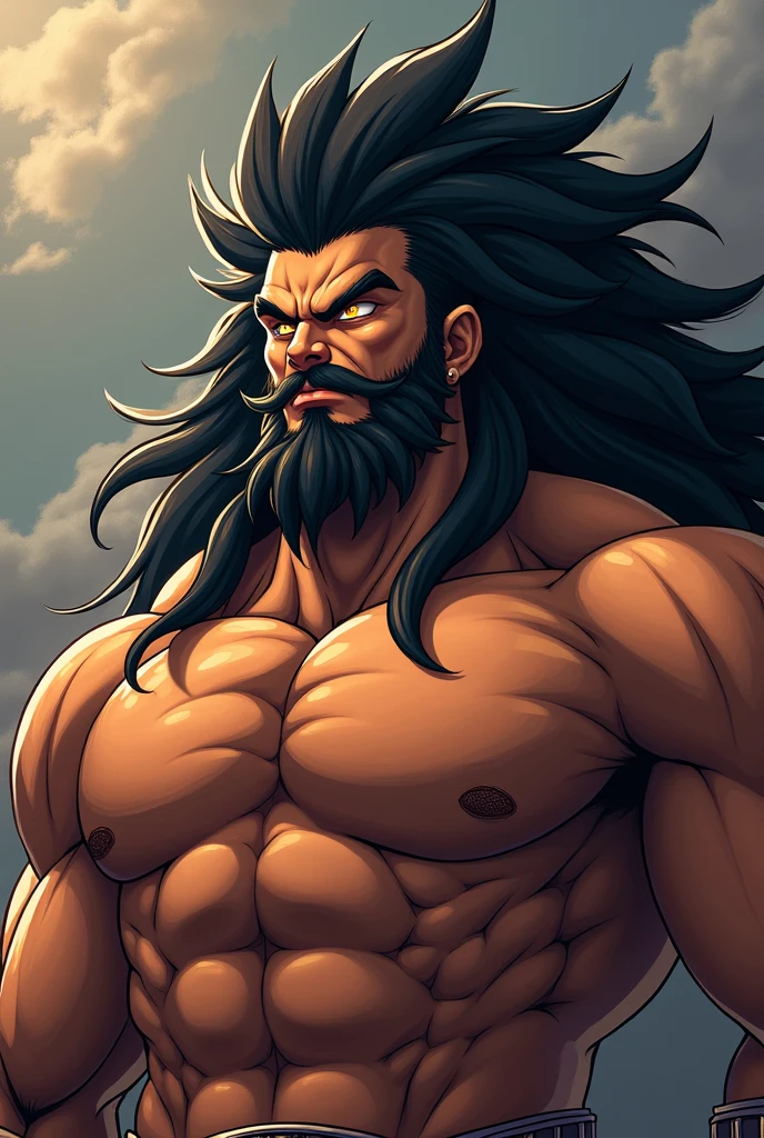 Muscular man in his mid 30s, having a messy wavy black medium hair, white skin, bearded, mustache
