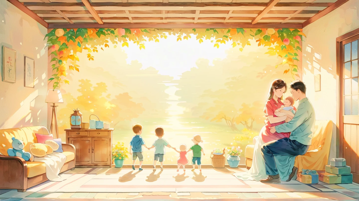 (masterpiece、 High Quality 、High image quality、４k、8k、 Details）、 Family Photos（ centered around a young couple holding a baby、 young grandparents behind） 、 soft sunshine 、 warm home atmosphere (simple behind wall paper )、Everyone's smiles 、 seems happy。watercolor style