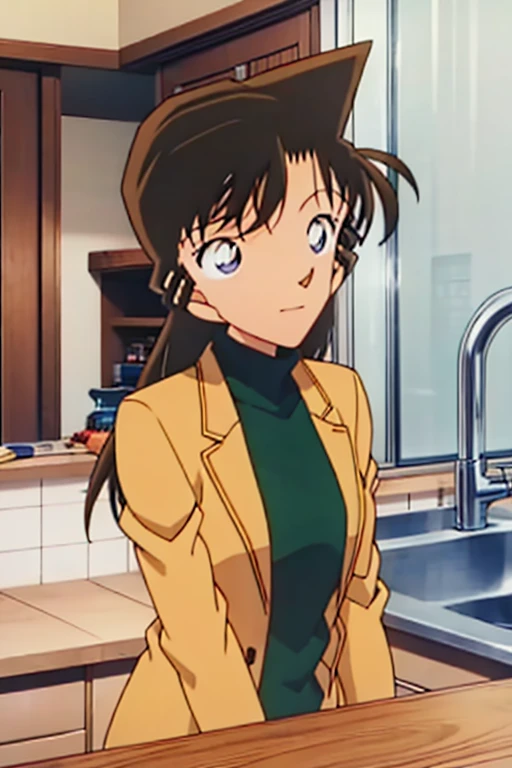 {{{mouri ran}}},{{{Detective Conan}}},{{{long hair}}},{{{official style}}},{{{adult}}},green dress one-piece dress,turtleneck green miniskirt, {light green cropped mini jacket},{light green cropped jacket},green socks,sink,laundry,kitchen,bringing upper body to the sink,open