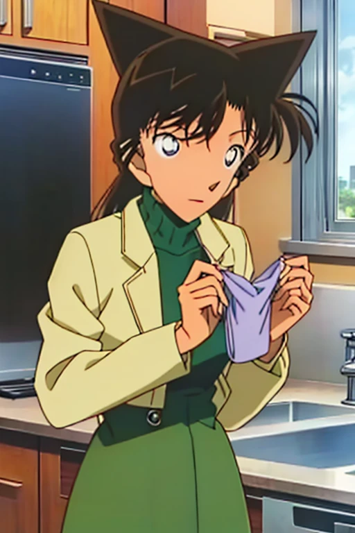 {{{mouri ran}}},{{{Detective Conan}}},{{{long hair}}},{{{official style}}},{{{adult}}},green dress one-piece dress,turtleneck green miniskirt, {light green cropped mini jacket},{light green cropped jacket},green socks,sink,laundry,kitchen,bringing upper body to the sink,open