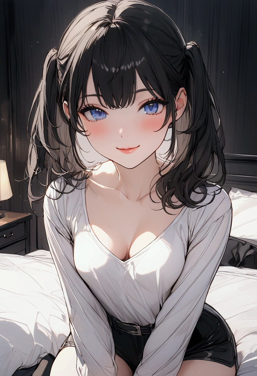 Girl. Short black straight hair with two pigtails. Blue eyes. Delicate features. Small breasts. Curvy waist. Lips curled into a slight smile. Wearing a white shirt with cleavage. Dark short shorts and black pantyhose. Background is a cozy bedroom. 8k. Best quality. Cute. 