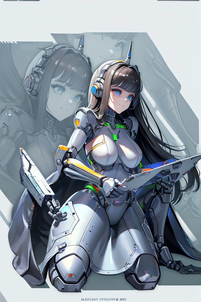 (masterpiece),(Highest quality),(Super detailed),(Best illustrations),(Best Shadow),(Absurd),(Detailed Background),(so beautiful), 16K, 8K, 4K,(Best Shadow),robotization,woman ,big bust,Robot Joint ,Metal skin,Black robot Suit,long hair,a black robot suit that covers the whole body,robot hand,cyber bodysuit,mecha head,(Detailed hands and fingers:1.2),Ball joint robot body,doll joint,beautiful face,beautiful robot girl,robotic eye,robotic hands,(no more human skin),android girl,cyborg girl,F cup, sexy body,(machine made joints:1.2),(machanical limbs:1.1),(blood vessels connected to tubes),(mechanical vertebra attaching to back),(mechanical cervial attaching to neck),no messy picture style,no emotion,tech control,black robot suit,maintenance,smile