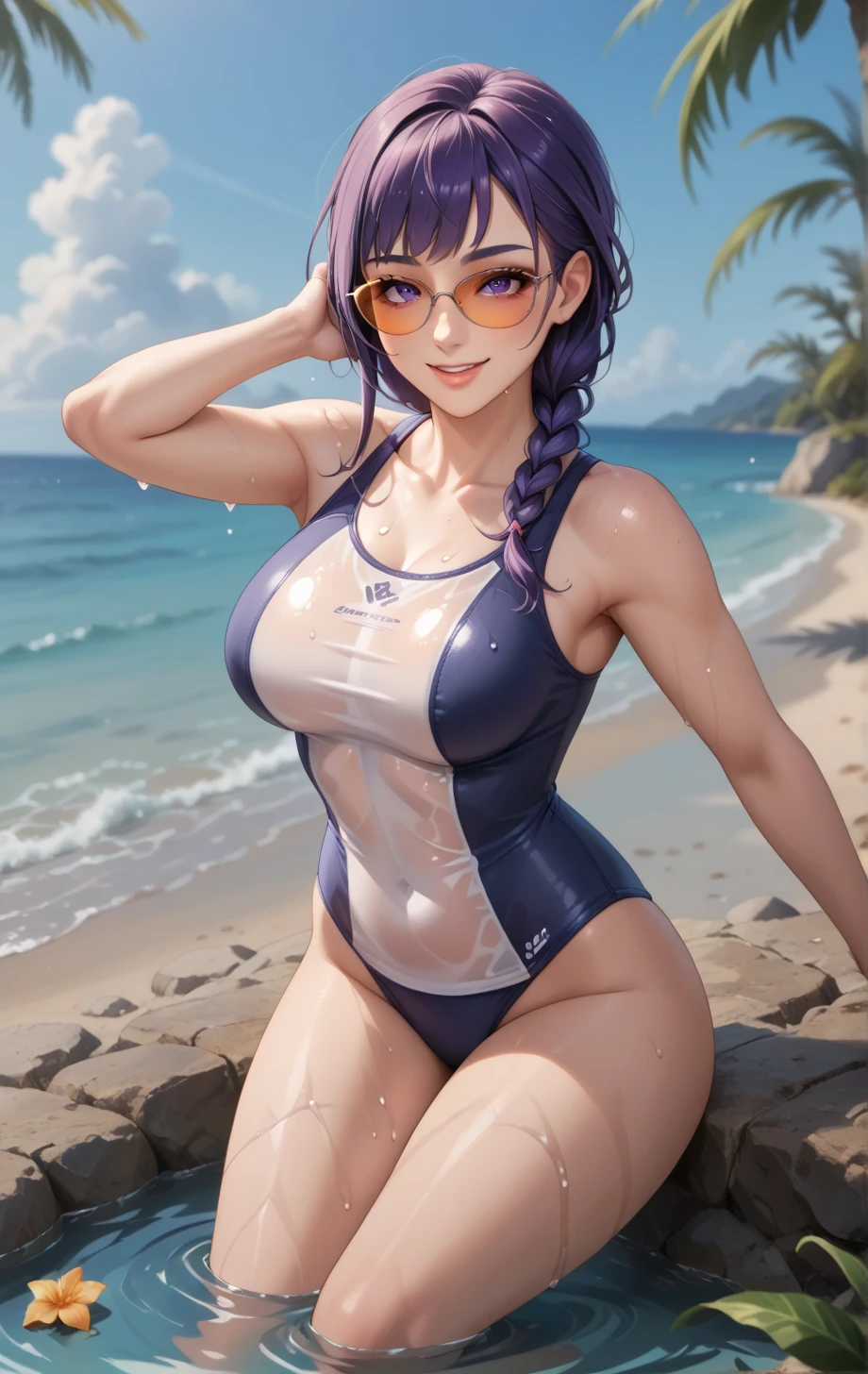 Score_9, Score_8_up, Score_7_up, Score_6_up, Score_5_up, Score_4_up, Source_anime, Tag1, Tag2, Quality_masterpiece, Anatomically correct, Beautiful face, raiden shougn, purple hair, purple eyes, a girl wearing trendy orange sunglasses , with Beach As background, portrait, Seductive smile, Naughty face, Embarrassed, Blush, Shy, Drunken eyes, Looking pleasured BREAK Rating_questionable, Teacher Swimming, See-Through School swimsuit, Water, Wet, Soaking feet