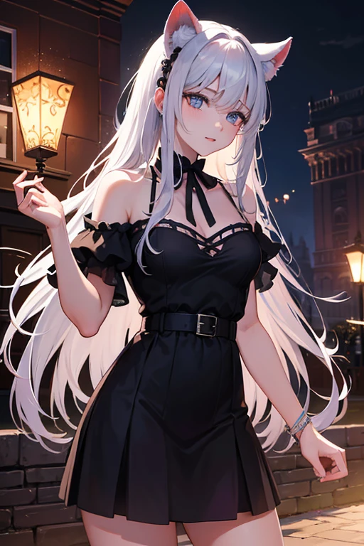 masterpiece, Highest quality, RAW Photos, A scene from a movie, Alone in the city at night, beautiful girl, The whole body is visible,(Delicate eyes, Pretty lips), (Small breasts,Flat chest), (Black Dress, No sleeve), pumps,Recall, Brown eyes, With bangs, Hair blowing in the wind, Fair skin, (Innocent), light makeup, (Cute Face), Innocent girl, Delicate face ,((Highest quality)), (Very detailed), (High-definition CG synthesis 8k wallpaper), 高いly detailed, 高い-definition raw colbor photos, Professional photography, Written boundary depth,