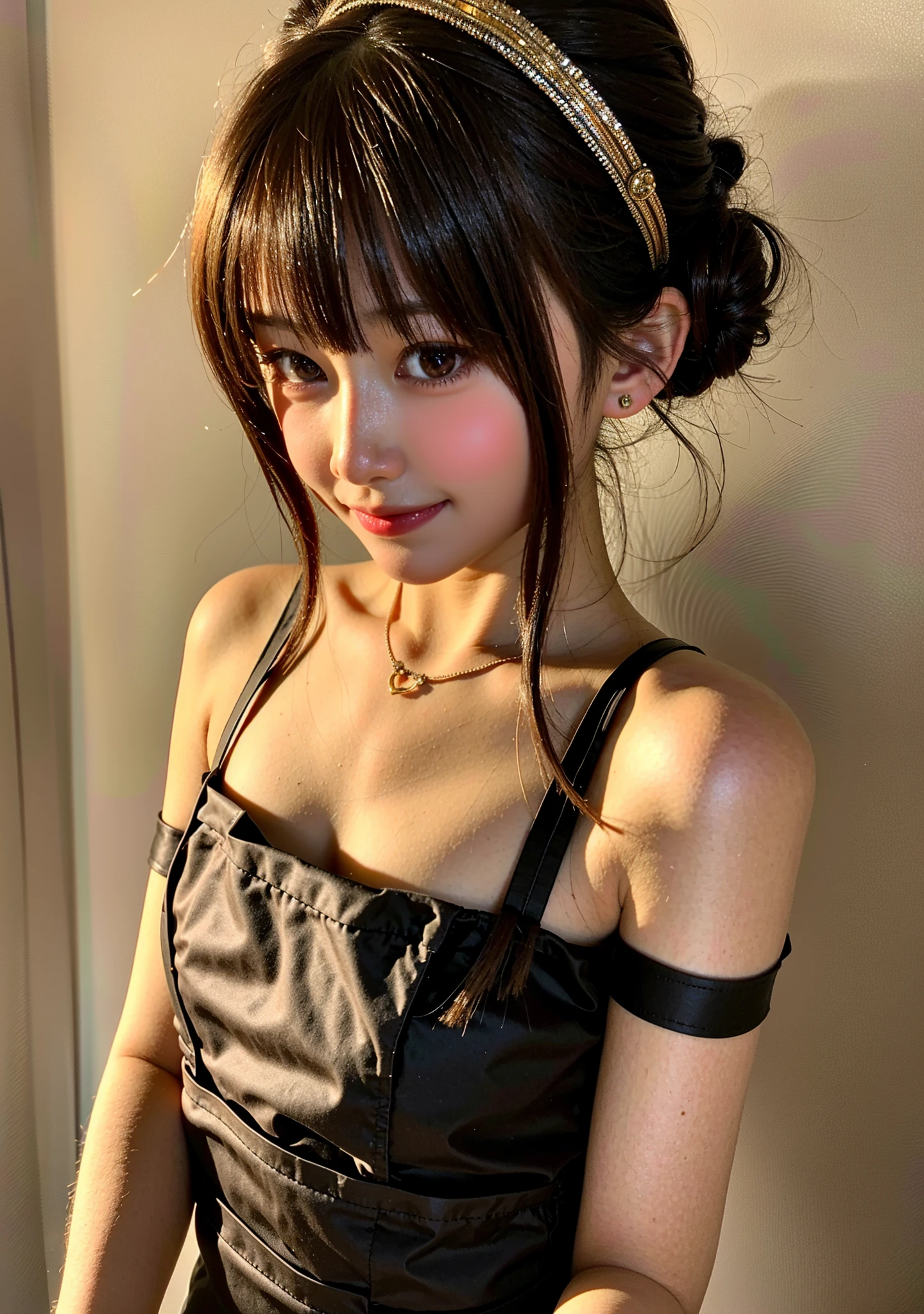 Maid,cute pretty girl,masterpiece,high definition,4k,8k,16k,chignon hair,brown hair,skinny,thin body,smile