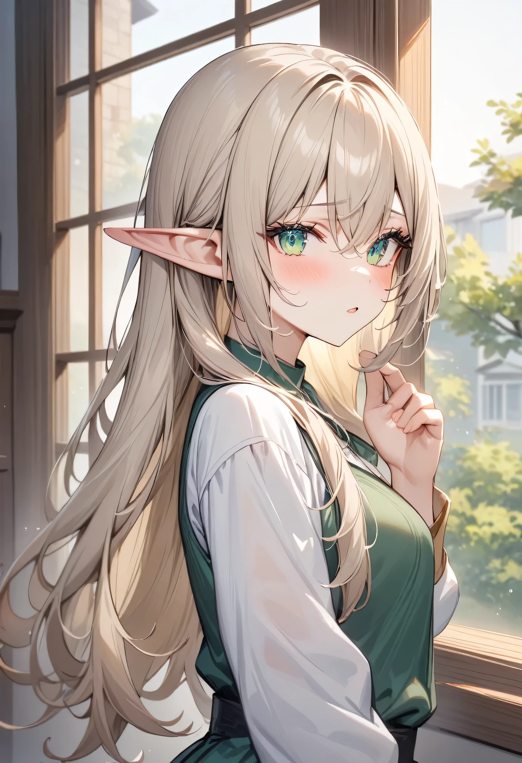 (masterpiece), ( best quality by the window), ( high resolution), Blonde,  green eyes, Long hair, Elf,  beautiful ,  attractive , Mysterious, There are ,  small spirits under a huge tree