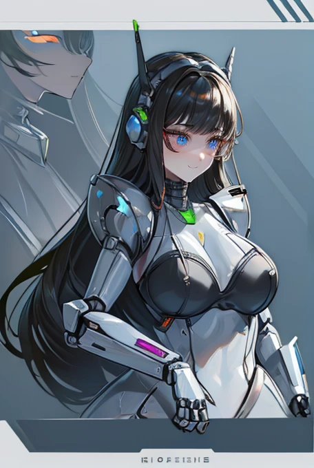 (masterpiece),(Highest quality),(Super detailed),(Best illustrations),(Best Shadow),(Absurd),(Detailed Background),(so beautiful), 16K, 8K, 4K,(Best Shadow),robotization,woman ,big bust,Robot Joint ,Metal skin,Black robot Suit,long hair,a black robot suit that covers the whole body,robot hand,cyber bodysuit,mecha head,(Detailed hands and fingers:1.2),Ball joint robot body,doll joint,beautiful face,beautiful robot girl,robotic eye,robotic hands,(no more human skin),android girl,cyborg girl,F cup, sexy body,(machine made joints:1.2),(machanical limbs:1.1),(blood vessels connected to tubes),(mechanical vertebra attaching to back),(mechanical cervial attaching to neck),no messy picture style,no emotion,tech control,black robot suit,maintenance,smile