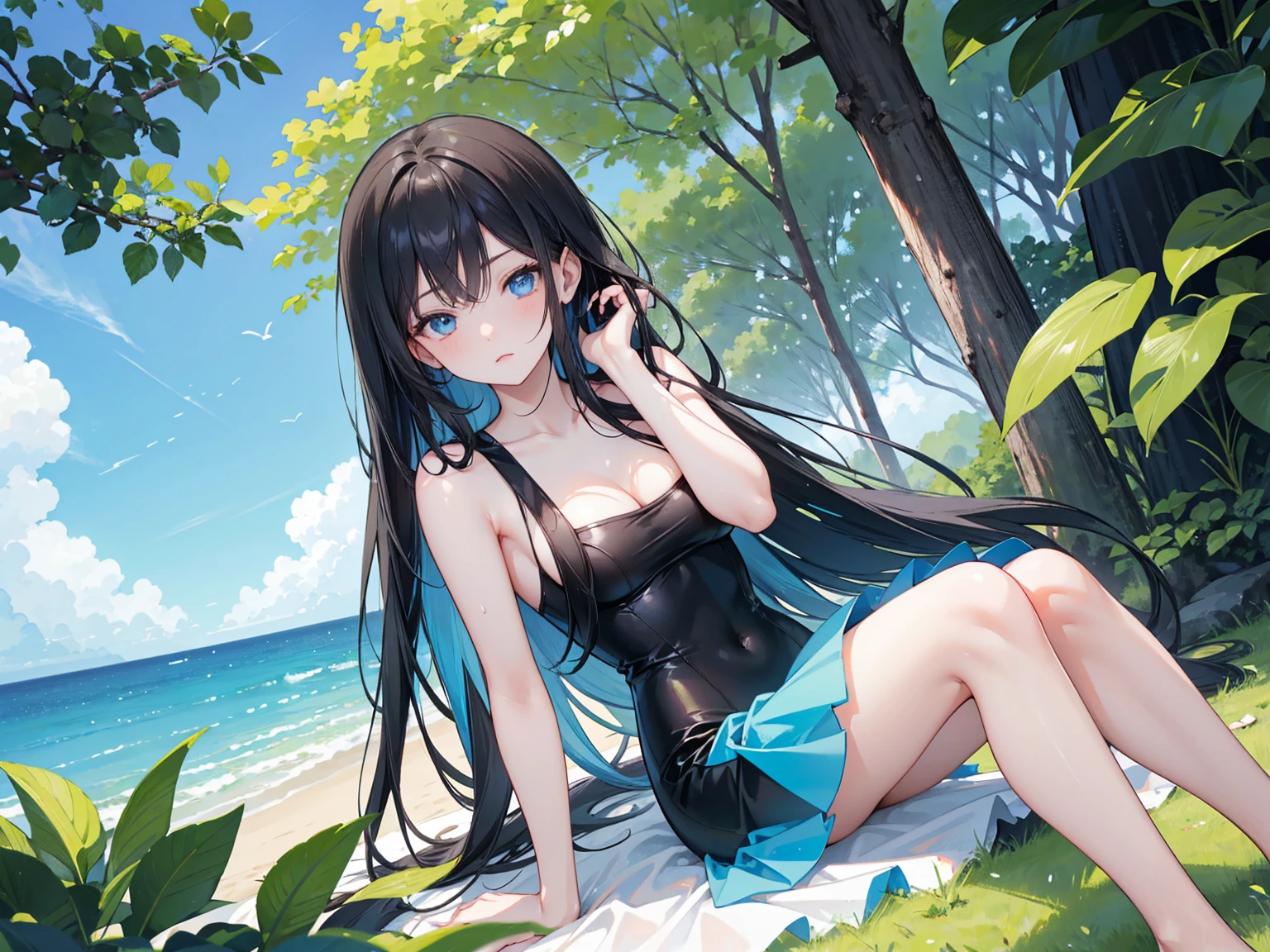 ((masterpiece、8K、highest quality: 1.perfect fingers: 1.perfect anatomy: 1.3、super delicate、background blur))、((One girl in the center of the screen))、(((Swimsuit)))、((14 years old、small face、super beautiful girl、straight long hair))、((one eye closed、smile))、(full body display、((Gravure idol pose))、wide shot)、((blue sky、Hot summer sunshine、grass)):1.1、