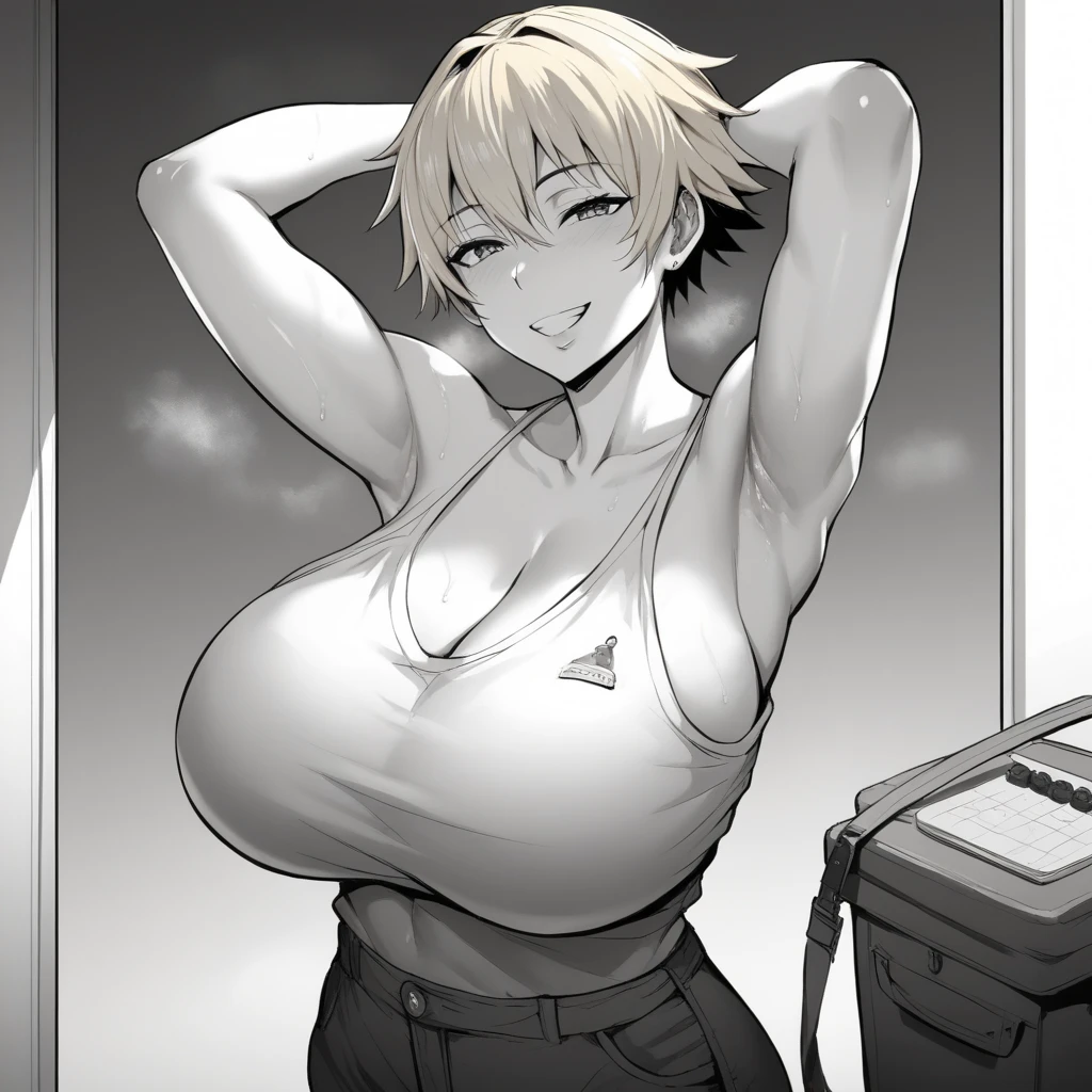 Long hair, big breasts, breasts, strong breathing, satisfied smile, tomboy,illustration, High resolution, Anatomically correct, short hair, blonde hair, breasts, huge breasts , Big breasts, smile, stop , arms raised , closed hands, on the beach in front ,curvilinear , vista completa