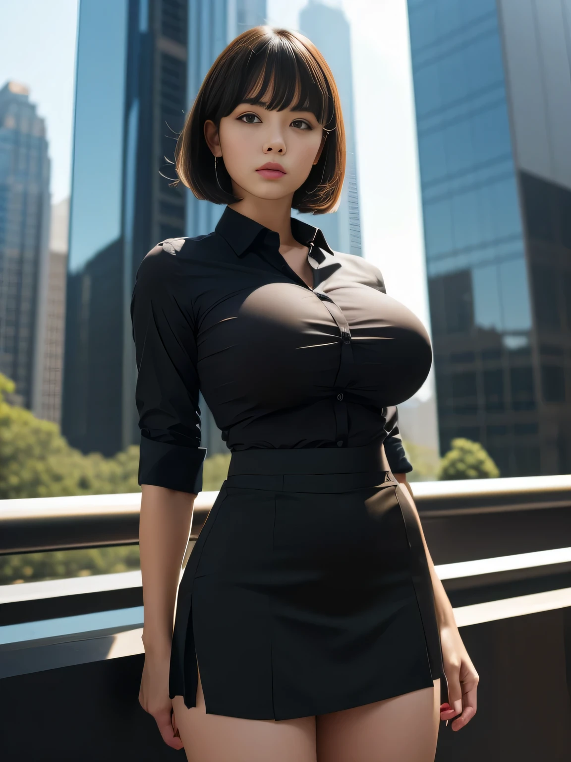 Tight-fitting business shirt, Short sleeves, Tight-fitting skirt, (Shirt tucked into skirt:1.3), Tights, Road in front of the company, Skyscrapers in the background, Daytime, Sunshine,
4K Quality, (High Resolution:1.3), (Realistic photo:1.3), (Raw photo:1.1), (Extremely detailed photo), Absolute masterpiece,
Staring, (Looking at the viewer), Standing,
(Big breasts:1.2), (Lip make-up), Glossy skin, Bangs, Short wavy bob, Ultra pretty girl