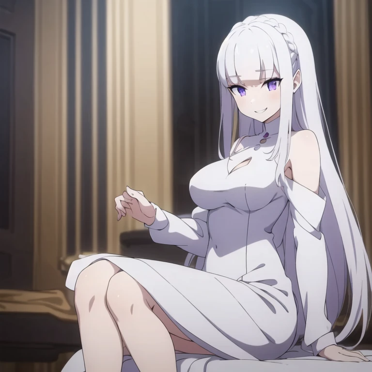 1girl,20s,solo,white short dress,white hair,long hair,elf ears,horns,white pantyhose,cleavage,red eyes,((kneeling, on the carpet od a palace)),sing,