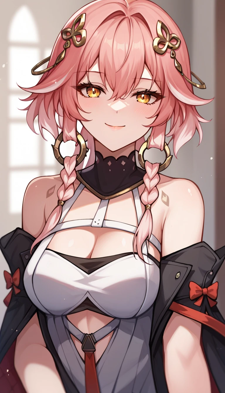 score_10,score_9_up,score_8_up,score_7_up,changli-wuwa, 1girl, solo, breasts, pink hair, smile, yellow eyes, looking at viewer, cleavage, braid, upper body, bare shoulders, hair between eyes, hair ornament, multicolored hair, bangs, tattoo, white hair, long hair, blurry background, medium breasts, closed mouth, twin braids,white dress, soft lighting, Glowing skin, pake skin, standing, fingers_to_mouth,