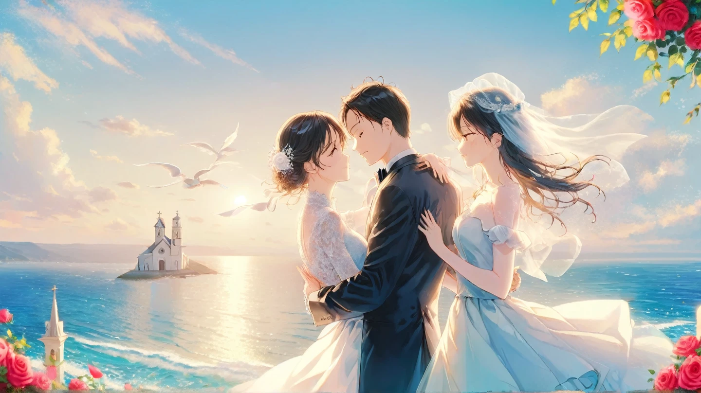 （masterpiece、 High Quality 、High image quality、４Ｋ、８ｋ、 Details）、 Wedding Style、 A man in a tuxedo and a woman in a wedding dress face each other in the church、 Beautiful view of the blue sea and blue sky in the back of the church 、Soft, warm sunshine 、 staring at you from afar 、 colorful roses are blooming 