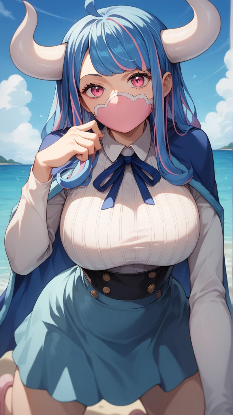  adult , Long Hair,   multicolor hair ,  blue hair, Ahoge, horn, Pink Eye, ,  pink mask,  Big Breasts , Blue Cape,   neck ribbon , Ribbed knit shirt,  white shirt,  Long Sleeve ,  high waist skirt ,  blue skirt , 1 girl, solo,  high definition ,  best quality,  seductive smiles from all around, Seaside, on all fours,  female panther pose ,smiley eyes, Bright Eyes , Make your right hand look like a maneki-neko