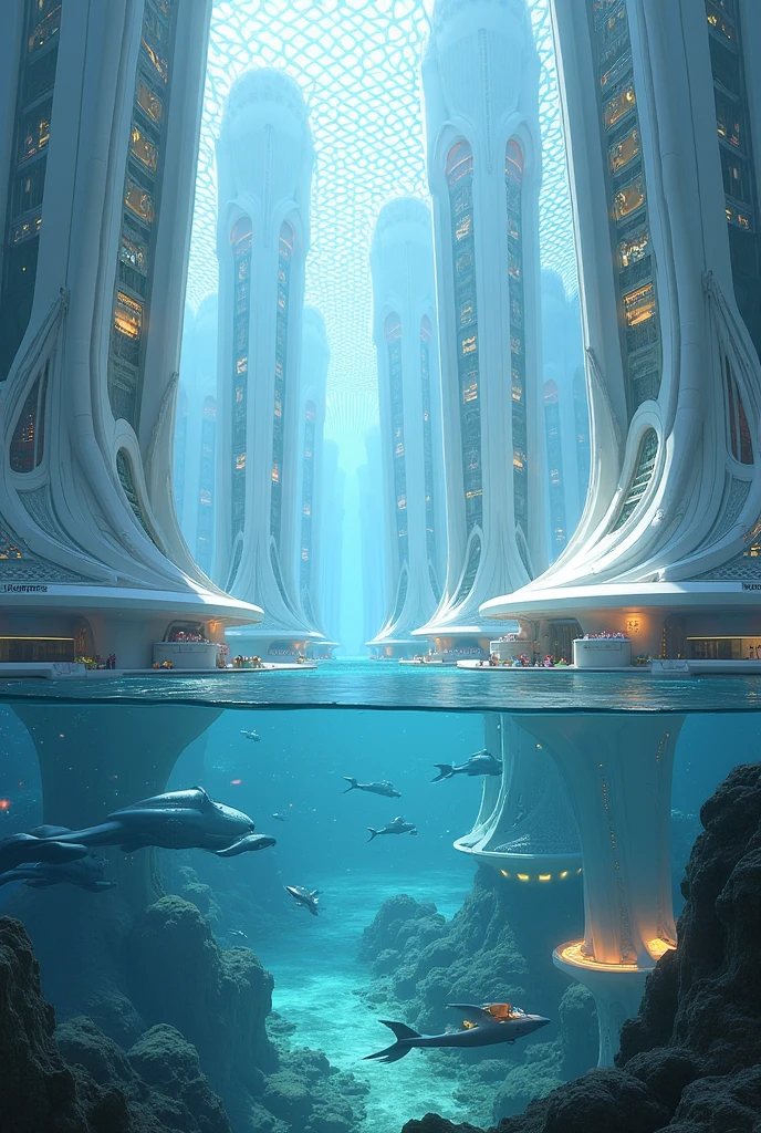 A futuristic city under the ocean, technological and with a lot of ...