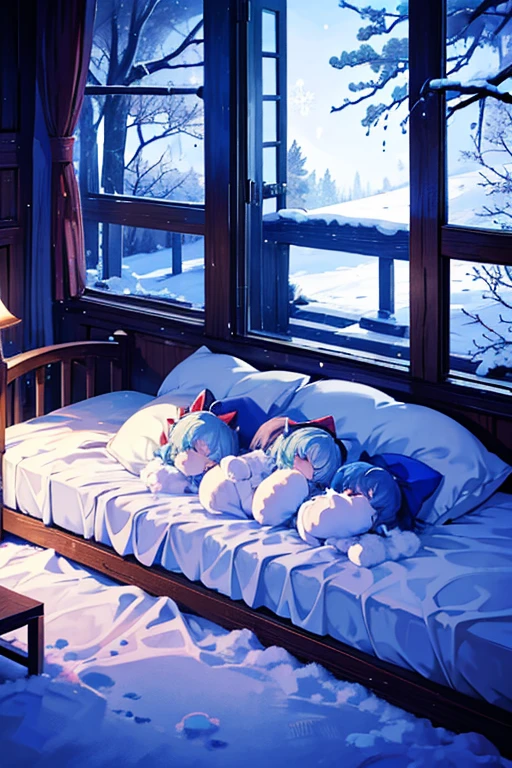 Cirno's Group (Touhou) On a cold, snowy winter night, Cirno and her fellow characters (touhou) from the Touhou Project are sleeping in a cute bed surrounded by cute thoroughbred stuffed animals in Cirno's cute room, which is filled with cute thoroughbred stuffed animals.