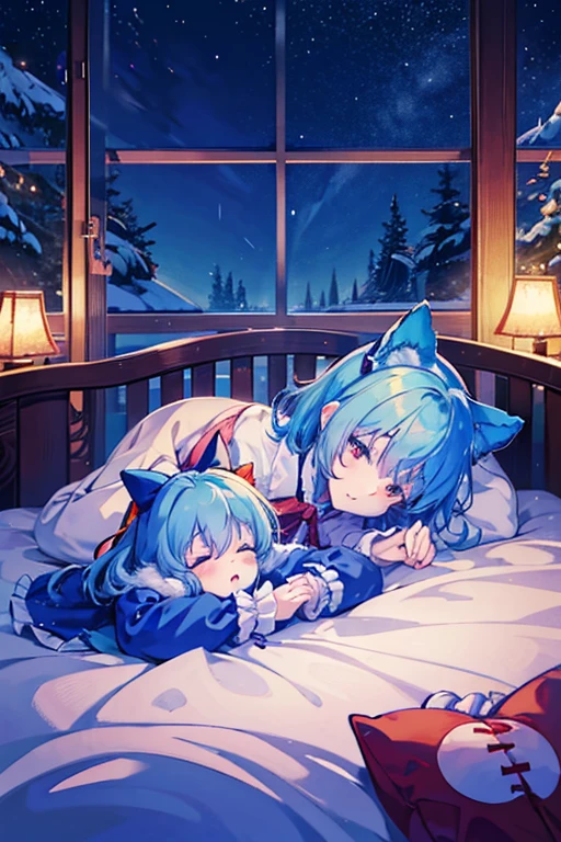 Cirno's Group (Touhou) On a cold, snowy winter night, Cirno and her fellow characters (touhou) from the Touhou Project are sleeping in a cute bed surrounded by cute thoroughbred stuffed animals in Cirno's cute room, which is filled with cute thoroughbred stuffed animals.