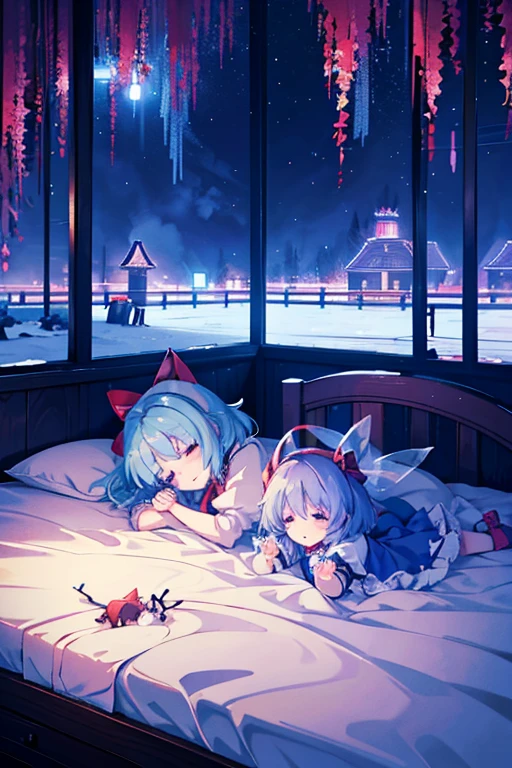 Cirno's Group (Touhou) On a cold, snowy winter night, Cirno and her fellow characters (touhou) from the Touhou Project are sleeping in a cute bed surrounded by cute thoroughbred stuffed animals in Cirno's cute room, which is filled with cute thoroughbred stuffed animals.