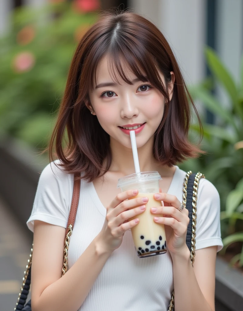 upper body closeup, Hands-Free_Bubble_Tea_Challenge, Bubble Tea between big breasts, a straw, (masterpiece, best quality:1.2), 1girl,,pajamas,nightgown,in kitchen