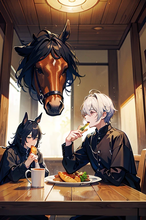 anthro male horses having a meal, still life