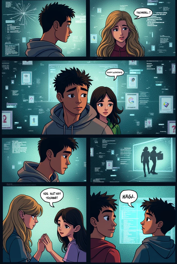 Description: Create a comic-style illustration featuring two children in a virtual reality classroom.

Characters:

Girl: She has long brown hair and is wearing an orange hoodie. She is enthusiastic and interacting with the virtual environment.
Boy: He is wearing a school uniform with short black hair. He looks curious and is exploring the virtual space alongside the girl.
Setting:

A modern, futuristic virtual classroom with floating desks, holographic screens, and interactive elements. The room should have a high-tech look with vibrant colors to highlight the advanced technology.
Comic Elements:

Include speech bubbles or thought bubbles with simple dialogue. For example:
Girl: “Wow, this is amazing! Look at all the interactive tools!”
Boy: “I know, right? I can’t wait to see what we learn!”
Design Style:

Use a clean, dynamic comic style with bold outlines and bright colors. Ensure the VR headsets are clearly visible on both characters, and add visual effects to show they are in a virtual environment.