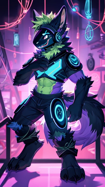 Protogen, (white fur with some green strands of fur) , bedroom, happy, male, 8 foot 0, standing, looking at viewer, muscular, (big ass), ass bursting out of green underwear, green glowing balls, bending, white ass, cock, cum,