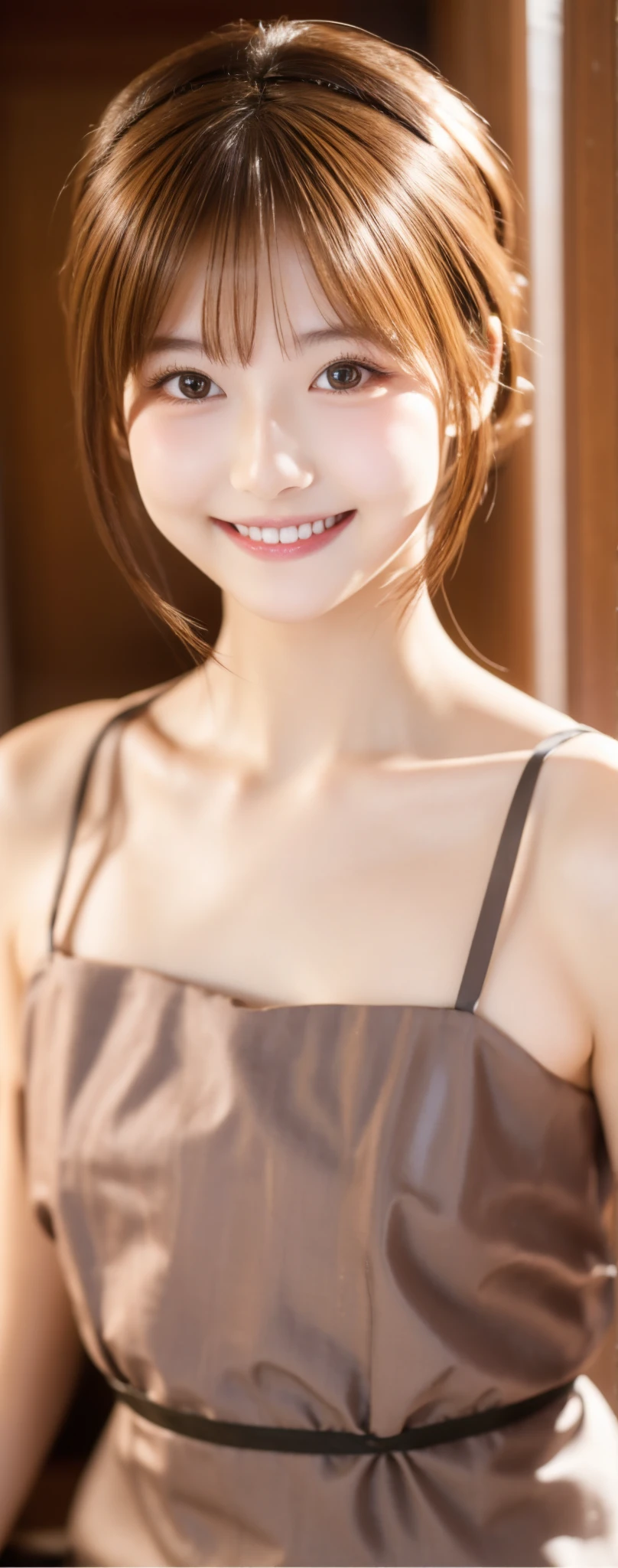 Maid,cute pretty girl,masterpiece,high definition,4k,8k,16k,chignon hair,brown hair,skinny,thin body,smile