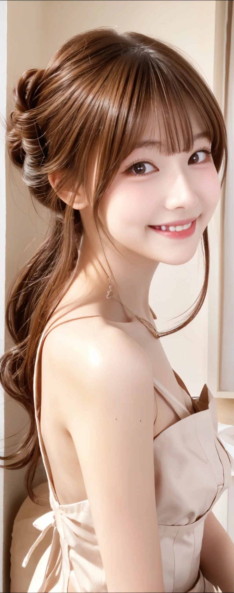 Maid,cute pretty girl,masterpiece,high definition,4k,8k,16k,chignon hair,brown hair,skinny,thin body,smile