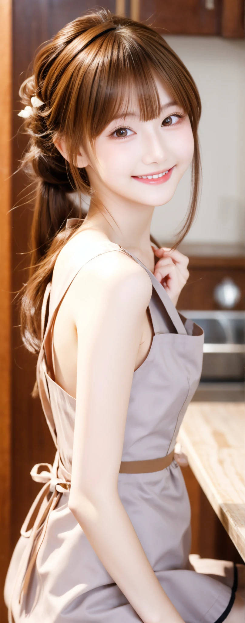 Maid,cute pretty girl,masterpiece,high definition,4k,8k,16k,chignon hair,brown hair,skinny,thin body,smile