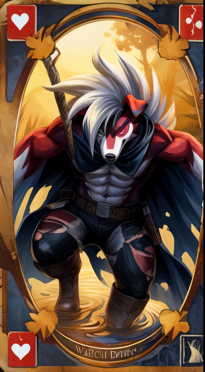 masterpiece, best quality, perfect anatomy, (detailed eyes:1.2), (Midnight Lycanroc), anthropomorphic male, solo, liquid, detailed background, solo, bara, muscles, anime_pose, wild west clothes, floating in the air, detailed face, pokemon card background, villain, suggestive, edgy, shooting revolvers, western, wild west, torn clothes, made of goo, dripping gooey body, throwing playing cards, melting gooey body, final boss, melting Midnight Lycanroc, giant cloak blowing