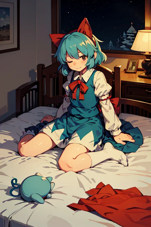 Cirno's Group (Touhou) On a cold, snowy winter night, Cirno and her fellow characters (touhou) from the Touhou Project are sleeping in a cute bed surrounded by cute thoroughbred stuffed animals in Cirno's cute room, which is filled with cute thoroughbred stuffed animals.