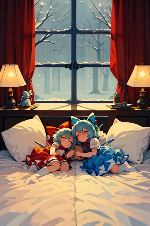 Cirno's Group (Touhou) On a cold, snowy winter night, Cirno and her fellow characters (touhou) from the Touhou Project are sleeping in a cute bed surrounded by cute thoroughbred stuffed animals in Cirno's cute room, which is filled with cute thoroughbred stuffed animals.