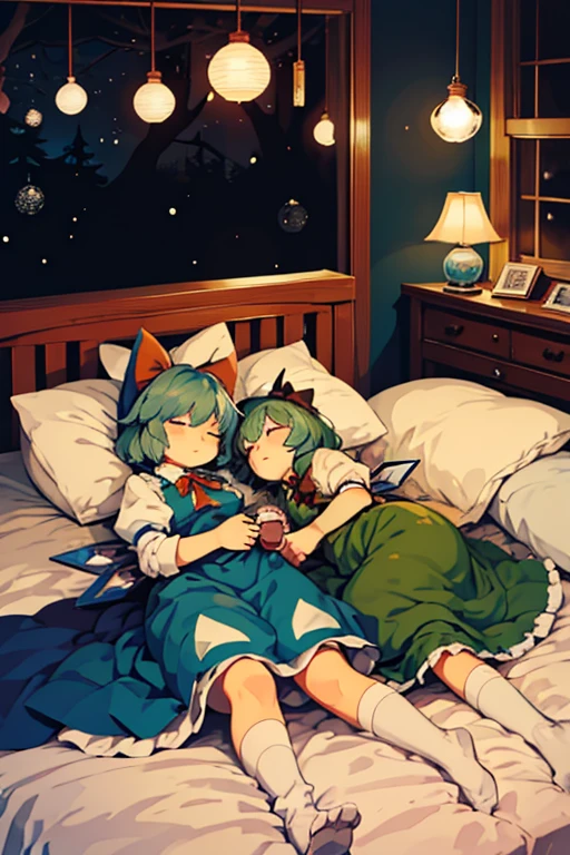 Cirno's Group (Touhou) On a cold, snowy winter night, Cirno and her fellow characters (touhou) from the Touhou Project are sleeping in a cute bed surrounded by cute thoroughbred stuffed animals in Cirno's cute room, which is filled with cute thoroughbred stuffed animals.