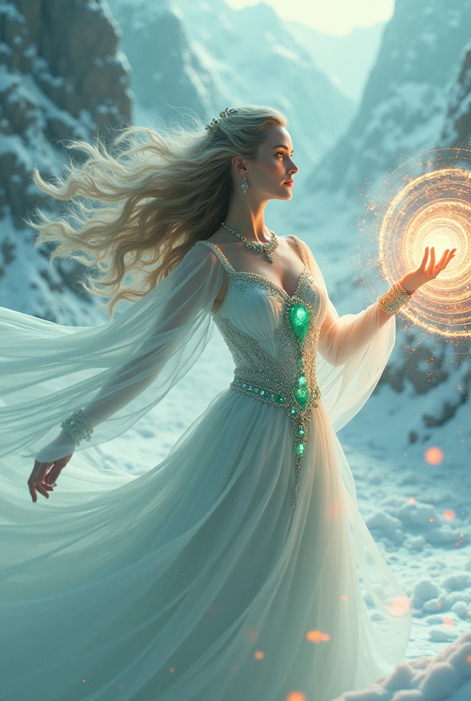 A beautiful woman with long flowing hair wielding an rainbow flaming ball, dancing in a snowy landscape, wearing a flowing transparent white dress, adorned with emerald jewels, her confident smiling face surrounded by swirling clouds against a mountainous backdrop, (best quality,4k,8k,highres,masterpiece:1.2),ultra-detailed,(realistic,photorealistic,photo-realistic:1.37),extremely detailed eyes and face,longeyelashes,intricate ice sword,dramatic lighting,moody atmospheric,fantasy,cinematic,digital painting