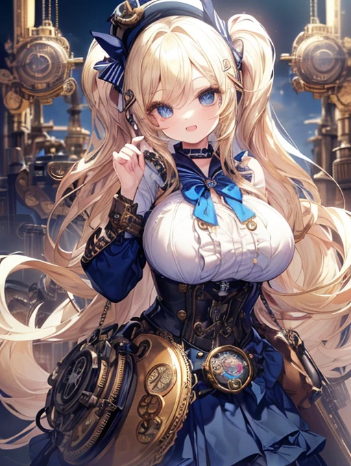 (((masterpiece)))、((top-quality))、(The ultra-detailliert)、(CG Illustration)、(a very beautiful woman))、Cinematic Light、((1 Mechanical Girl))、 (Beautiful and indulgent)()、Facing the front,a blond,Corset Belt,blue high waist skirt,Upper body portrait