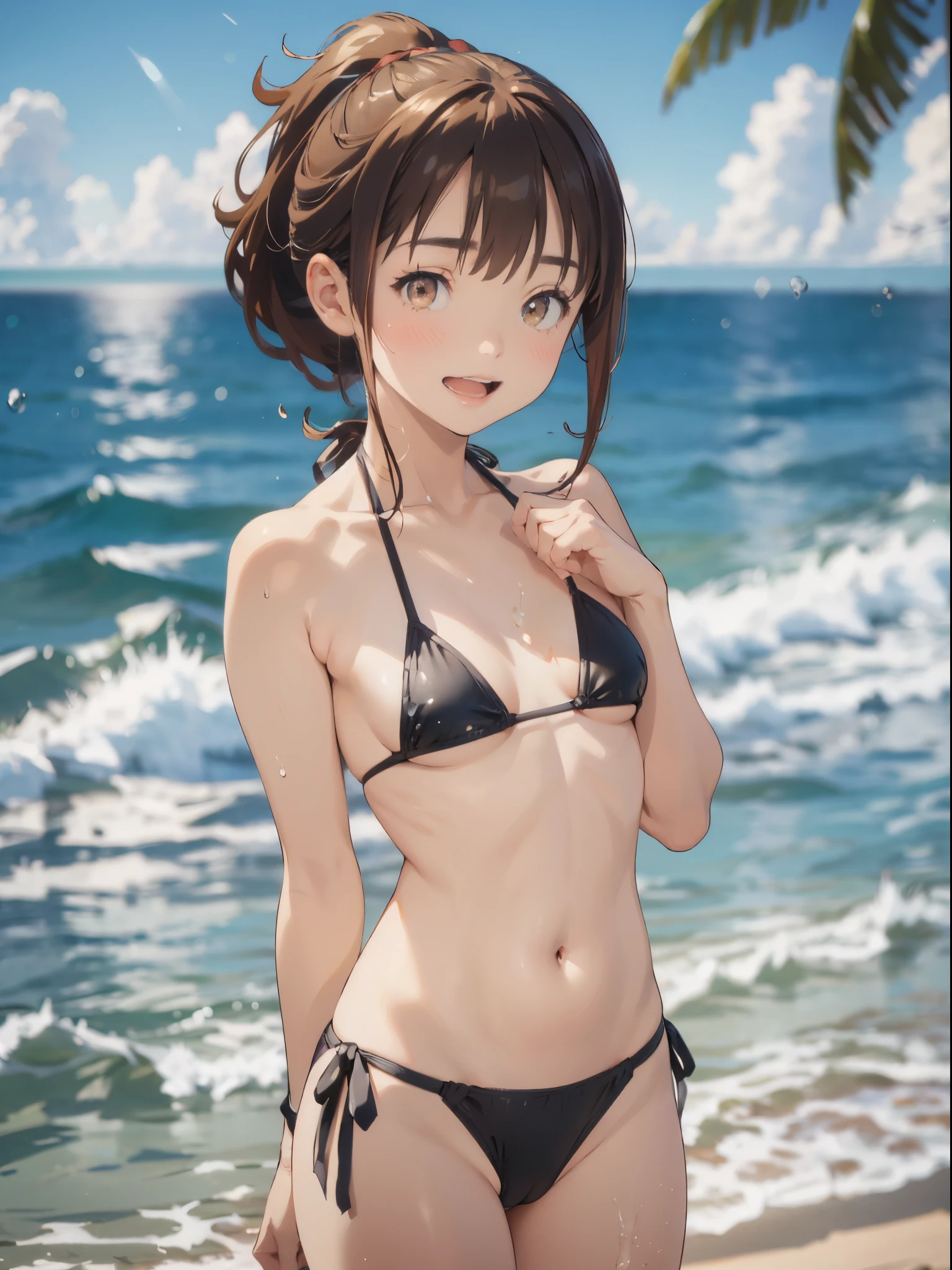 ((NSFW)),((cowboy shot )),  ((jinno megumi, brown hair, ponytail, brown eyes)), ((NSFW)),((Micro bikini - swimsuit with a small area)), (cameltoe:1.1)  (((Smaller chest))), Best Quality, (masutepiece:1.2), Highly detailed, 1girl in, Solo, raise a hand, Looking at the viewer, Open mouth, Smile, tooth,  Girl in 1, Solo, cowboy  shot,Depth field、light on face、Portrait、sunshine、sky porn、smile、((ocean, water, splash,))