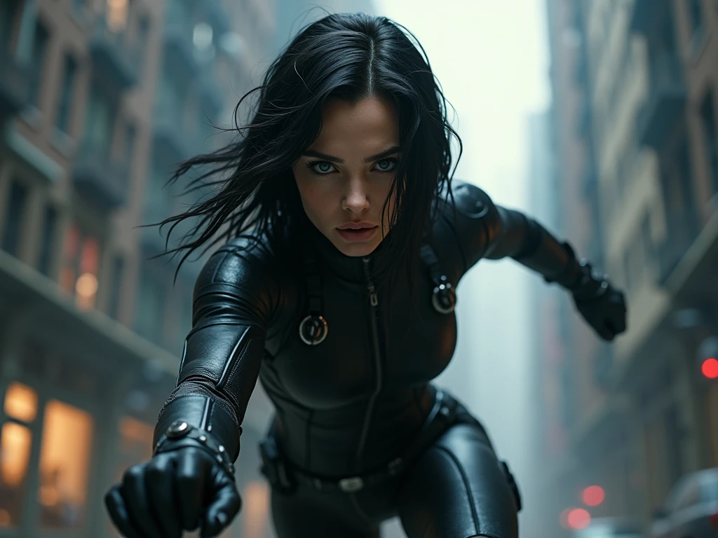 There is a woman dressed in latex leotard crawling on the ground in creepy laboratory, dark ambient, ominous atmosphere, horror movie, dramatic lights, ultra detailed, photorealistic, masterpiece.